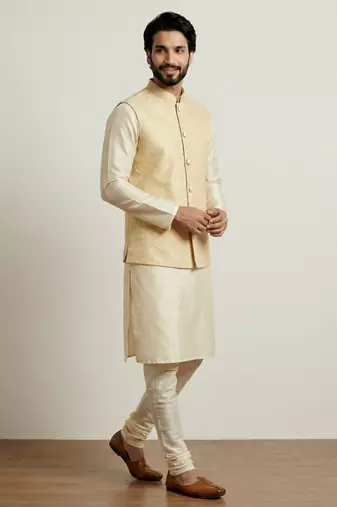 Gold banarasi dupion premium designer festive wear kurta pyjama with jacket set