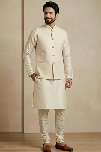 Beige banarasi dupion premium designer festive wear kurta pyjama with jacket set
