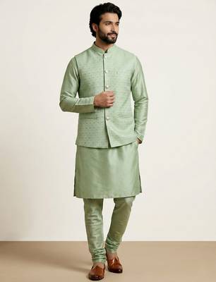 Green banarasi dupion premium designer festive wear kurta pyjama with jacket set 4