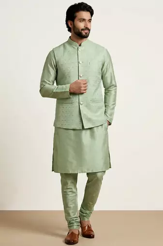 Green banarasi dupion premium designer festive wear kurta pyjama with jacket set