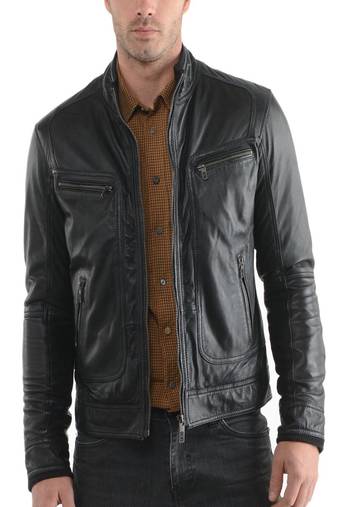 men's genuine lambskin leather jacket stand up collar style