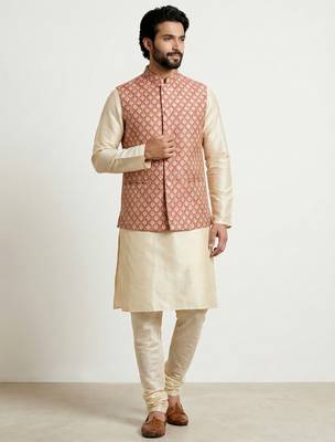 Gold banarasi dupion premium designer festive wear kurta pyjama with jacket set 4