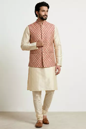Gold banarasi dupion premium designer festive wear kurta pyjama with jacket set