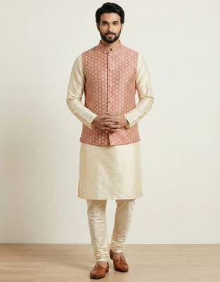 Gold banarasi dupion premium designer festive wear kurta pyjama with jacket set 3