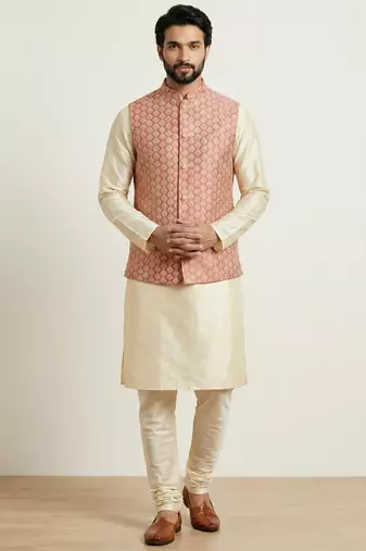 Gold banarasi dupion premium designer festive wear kurta pyjama with jacket set