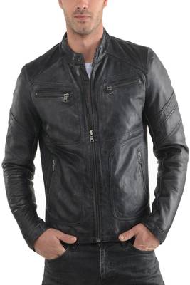men's genuine lambskin leather biker jacket classic zip up style 1