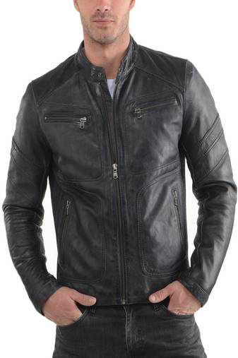 men's genuine lambskin leather biker jacket classic zip up style