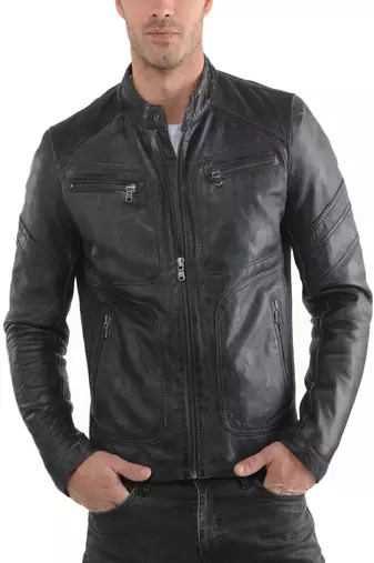 men's genuine lambskin leather biker jacket classic zip up style