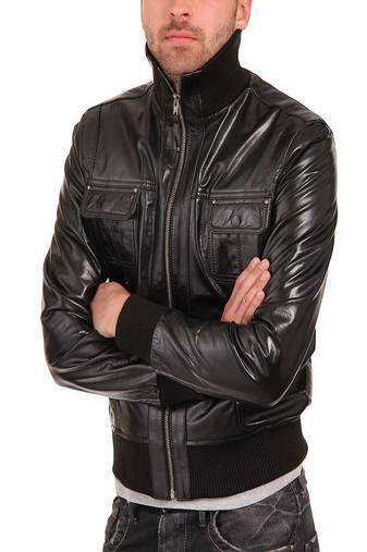 men's genuine lambskin leather bomber jacket ribbed cuffs and waist