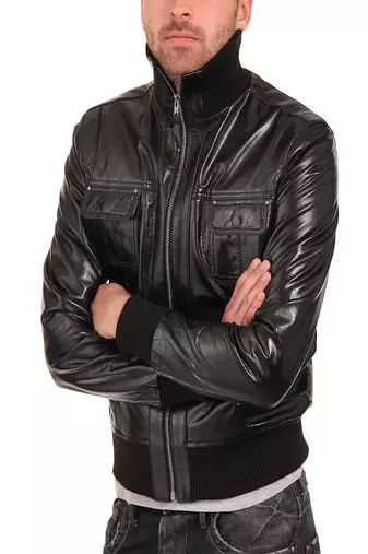 men's genuine lambskin leather bomber jacket ribbed cuffs and waist