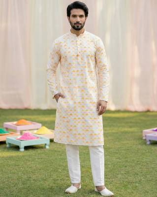beige cotton digital print premium designer festive wear kurta trouser set 4