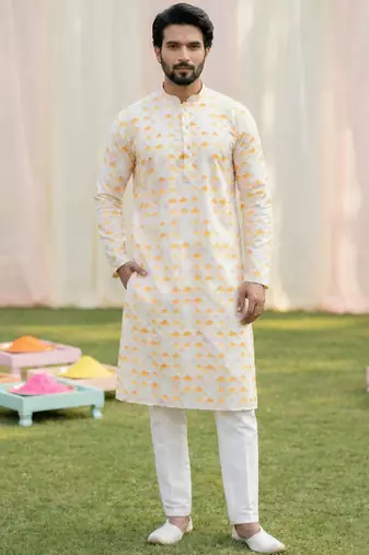 beige cotton digital print premium designer festive wear kurta trouser set