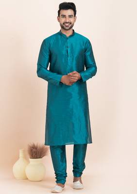Teal blue banarsi dhupion  silk premium designer festive wear kurta pyjama set 4