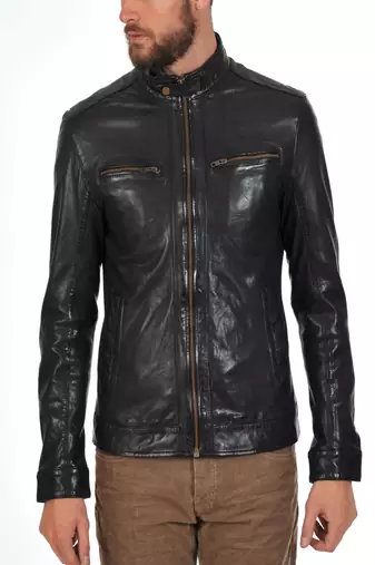 men's genuine lambskin leather biker jacket classic zip up style authentic