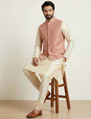Gold banarasi dupion premium designer festive wear kurta pyjama with jacket set 4