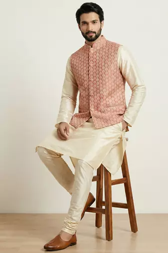 Gold banarasi dupion premium designer festive wear kurta pyjama with jacket set