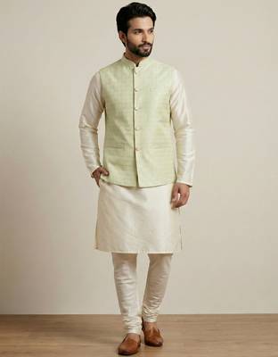 Beige banarasi dupion premium designer festive wear kurta pyjama with jacket set 3