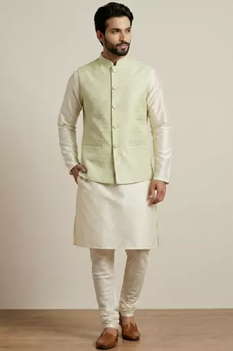 Beige banarasi dupion premium designer festive wear kurta pyjama with jacket set