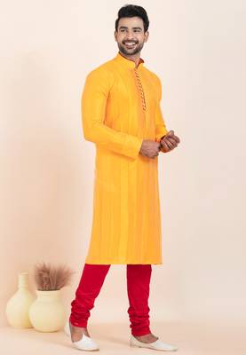 Yellow banarsi dhupion  silk-thread work premium designer festive wear kurta pyjama set 3