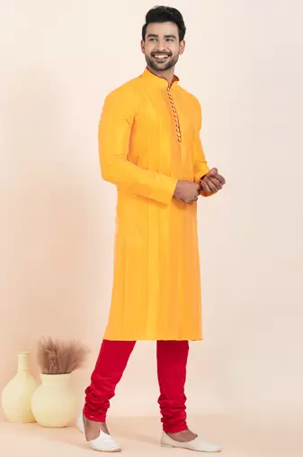 Yellow banarsi dhupion  silk-thread work premium designer festive wear kurta pyjama set