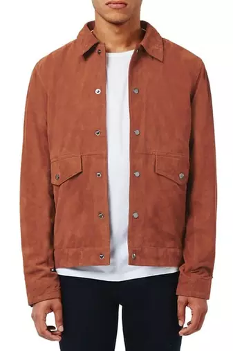 men's orange suede leather jacket snap button front closure
