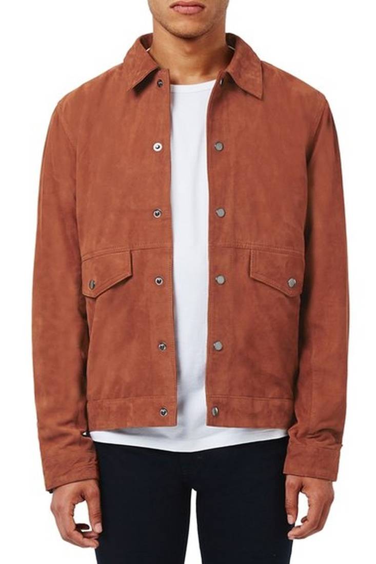 Men's genuine lambskin leather jacket orange suede snap button  men's leather shirt-cl-m259