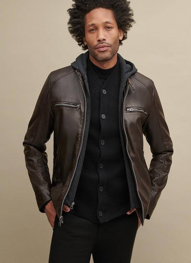Men's genuine lambskin leather jacket black hood style  men's leather jacket cl-m261