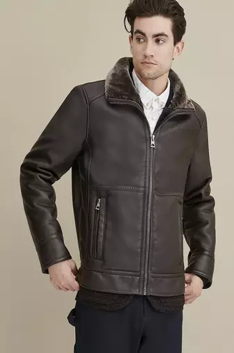 men's genuine lambskin leather jacket luxe fur collar trim