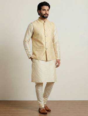 Gold banarasi dupion premium designer festive wear kurta pyjama with jacket set 3