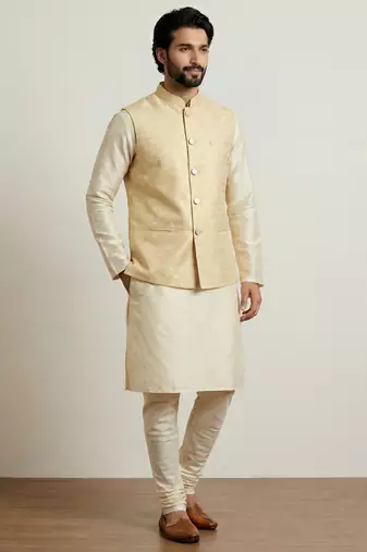 Gold banarasi dupion premium designer festive wear kurta pyjama with jacket set