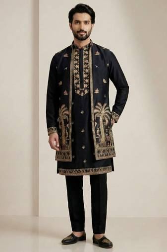 Black doniyar shartin premium designer festive wear kurta pyjama with long jacket set