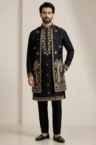 Black doniyar shartin premium designer festive wear kurta pyjama with long jacket set