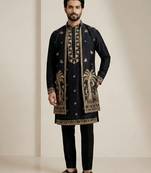 Black doniyar shartin premium designer festive wear kurta pyjama with long jacket set