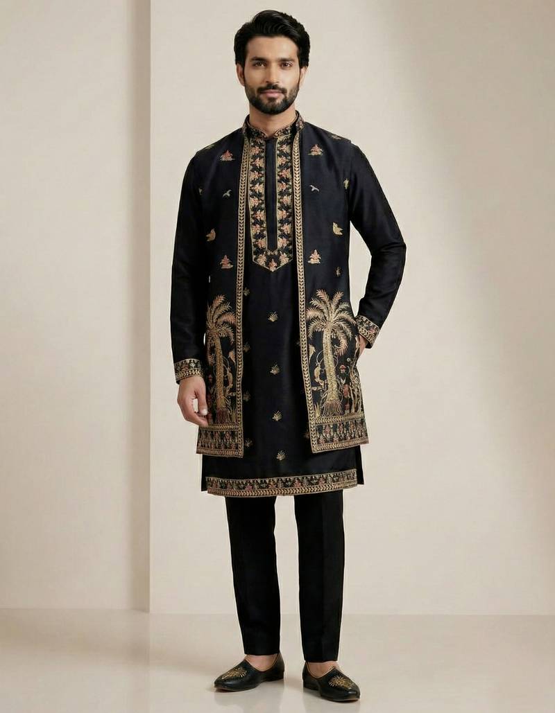 Black doniyar shartin premium designer festive wear kurta pyjama with long jacket set