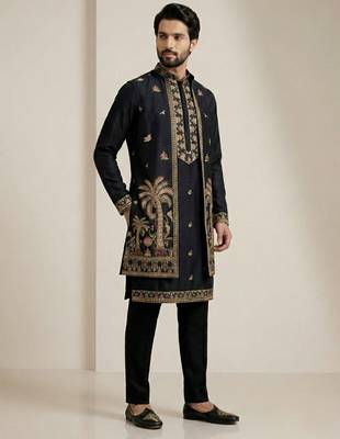 Black doniyar shartin premium designer festive wear kurta pyjama with long jacket set 2