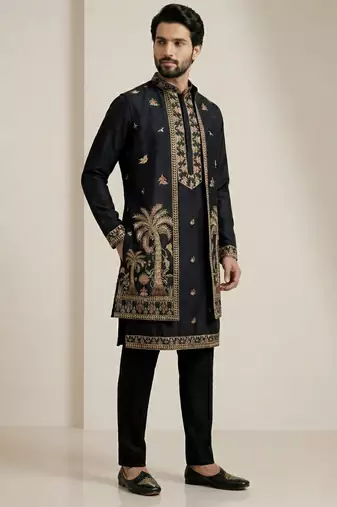 Black doniyar shartin premium designer festive wear kurta pyjama with long jacket set