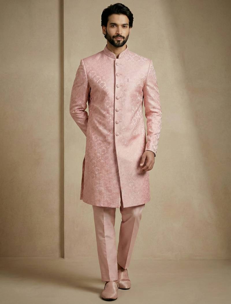 Light pink donier jacquard premium designer festive wear indo western set