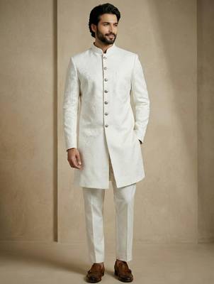 White donier jacquard premium designer festive wear indo western set 1