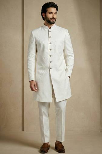 White donier jacquard premium designer festive wear indo western set