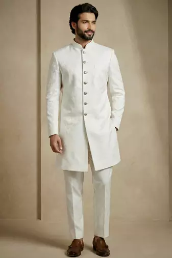 White donier jacquard premium designer festive wear indo western set