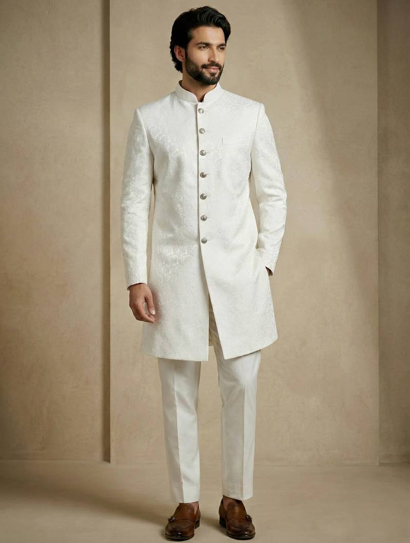 White donier jacquard premium designer festive wear indo western set