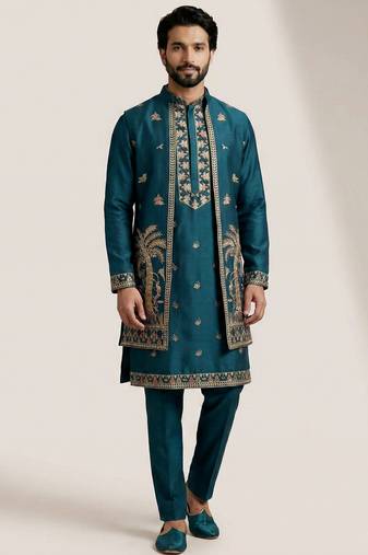 Teal doniyar shartin premium designer festive wear kurta pyjama with long jacket set