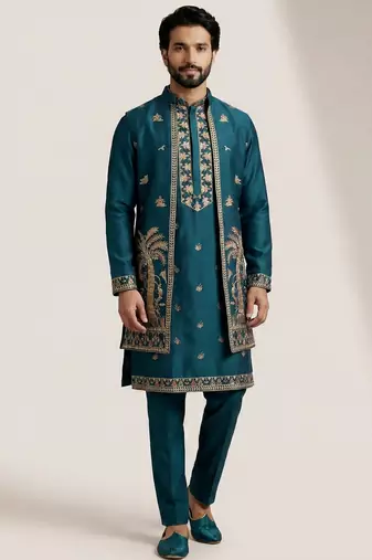 Teal doniyar shartin premium designer festive wear kurta pyjama with long jacket set