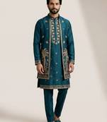 Teal doniyar shartin premium designer festive wear kurta pyjama with long jacket set