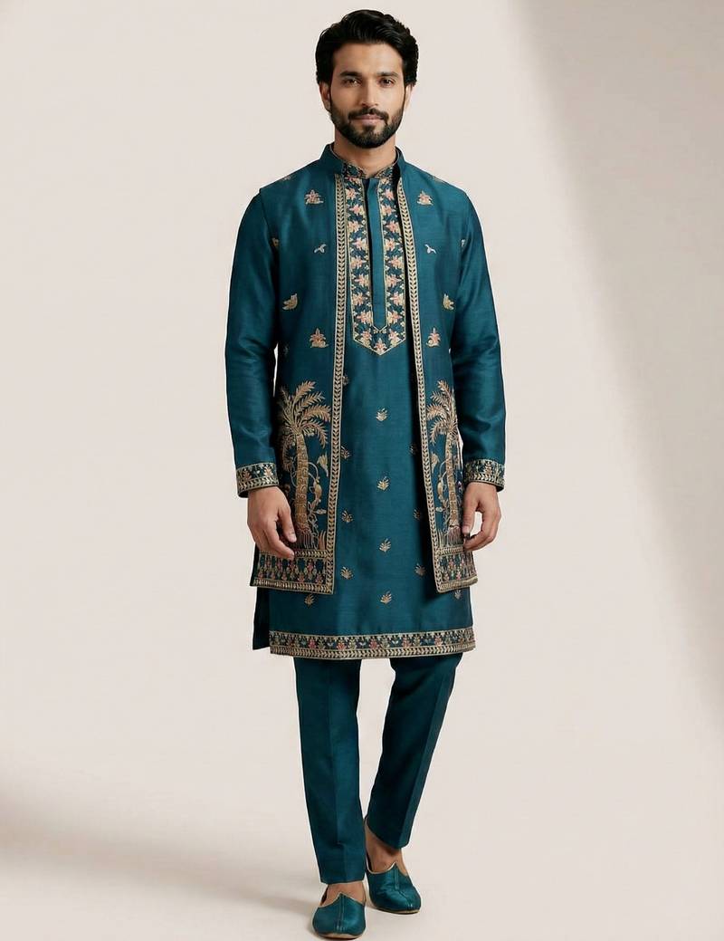 Teal doniyar shartin premium designer festive wear kurta pyjama with long jacket set