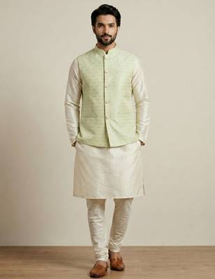 Beige banarasi dupion premium designer festive wear kurta pyjama with jacket set 4