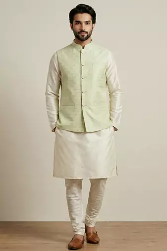 Beige banarasi dupion premium designer festive wear kurta pyjama with jacket set