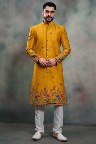 Mustard silk premium designer festive wear indo western set