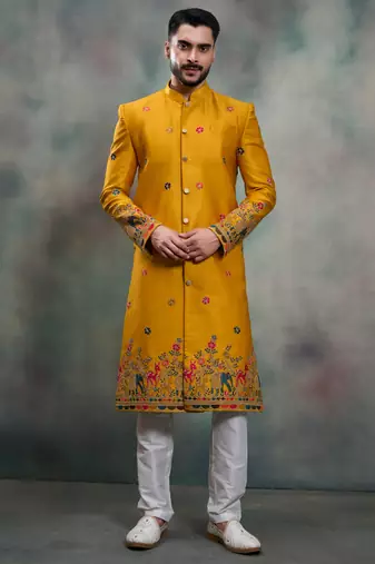 Mustard silk premium designer festive wear indo western set