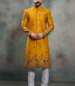 Mustard silk premium designer festive wear indo western set
